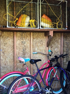 Two bikes and two crab pots in shed